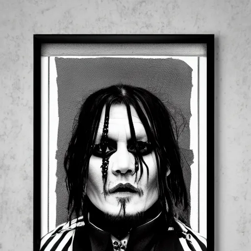 Prompt: portrait of johnny depp as a goth metal band member, symmetrical, nikon 3 5 mm photography, ultrarealistic