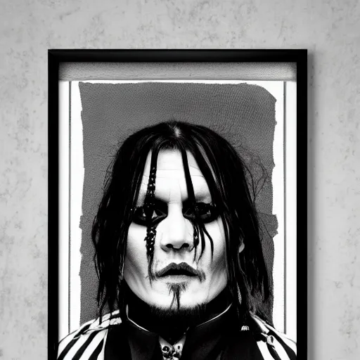 Image similar to portrait of johnny depp as a goth metal band member, symmetrical, nikon 3 5 mm photography, ultrarealistic