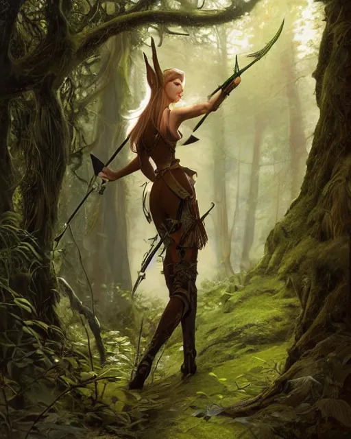 Prompt: a female elven hunter standing in a forest, intricate, highly detailed, digital painting, volumetric light, artstation, concept art, smooth, sharp focus, illustration, art by Gil Elvgren and Greg Rutkowski and Alphonse Mucha, 8K