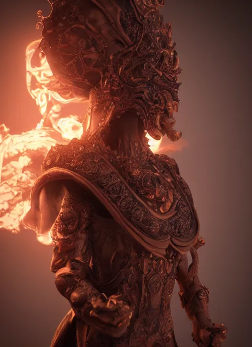 Image similar to a character design, concept art, a figure made of smoke, ornate, octane render, unreal engine 5, hyper - realistic, volumetric lighting, cinematic lighting, detailed, vray, 3 d ray - traced render