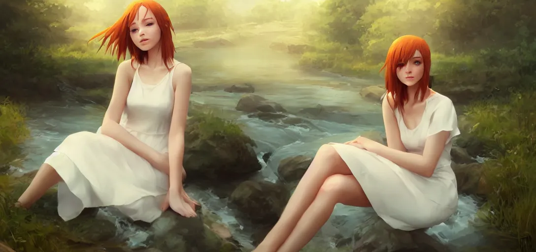 Image similar to southern ginger woman in simple cream dress sitting beside a river, airbrushed, hazy, gentle, soft lighting, wojtek fus, by makoto shinkai and ilya kuvshinov,