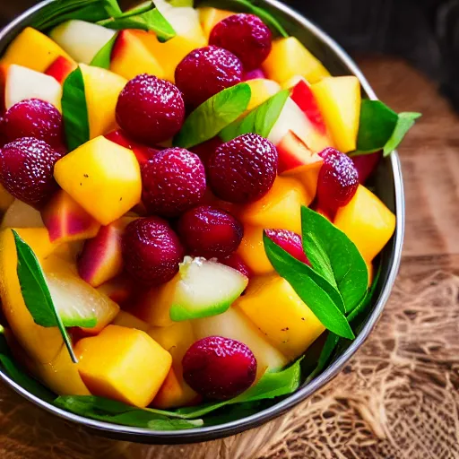 Prompt: a mouth - watering sharon fruit salad served with garlic dressing, 8 k resolution, food photography, studio lighting, sharp focus, hyper - detailed