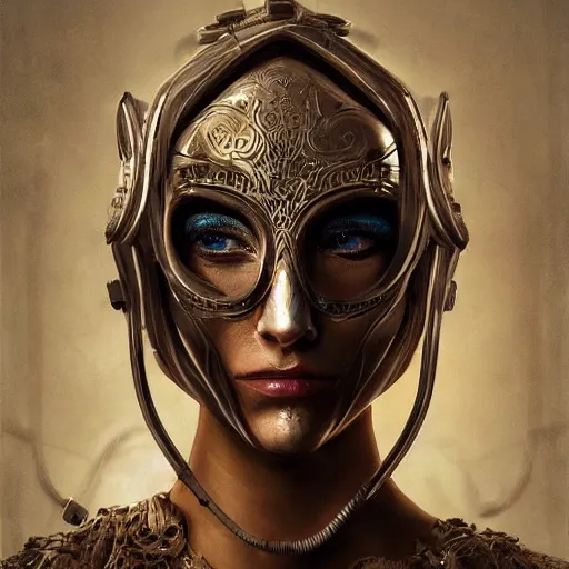 Image similar to Very very very very highly detailed epic photo of face with venetian mask, intricate, dystopian, sci-fi, extremely detailed, digital painting, artstation, concept art, smooth, sharp focus, illustration, intimidating lighting, incredible art by Artgerm and Anton Pieck