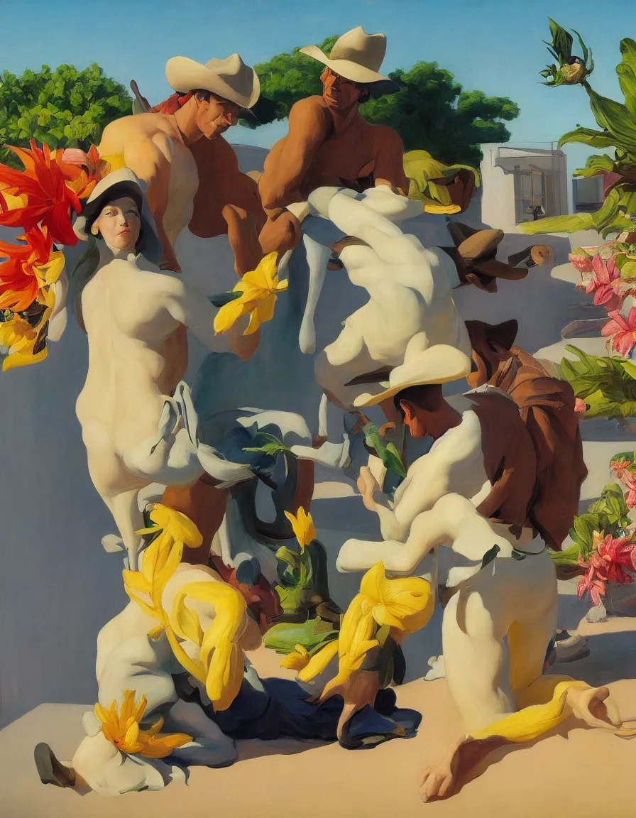 Image similar to a cowboy turning into blooms by edward hopper. tropical sea slugs. complementary colors. national geographic. 8 k, rendered in octane, smooth gradients. sculpture by antonio canova. a cowboy by slim aarons, by zhang kechun, by lynda benglis, by frank frazetta.