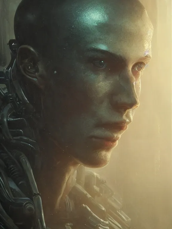 Image similar to portrait of a young male android from alien isolation, art by ryo shiotani and greg rutkowski, intricate, beautiful, cute, cinematic lighting, vintage art by serge ivanoff, high resolution, very detailed