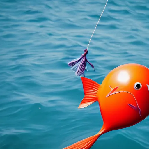 Image similar to a fish floating away from the sea tied to a ballon