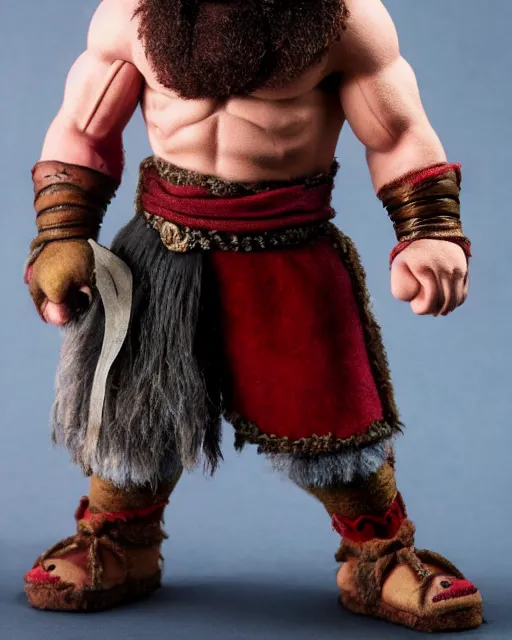 Image similar to kratos as a muppet. highly detailed felt. hyper real photo. 4 k.