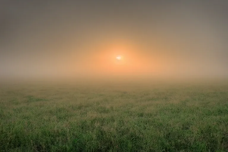 Prompt: grassy field with a sunset in the fog, photo by Vanessa Marsh,