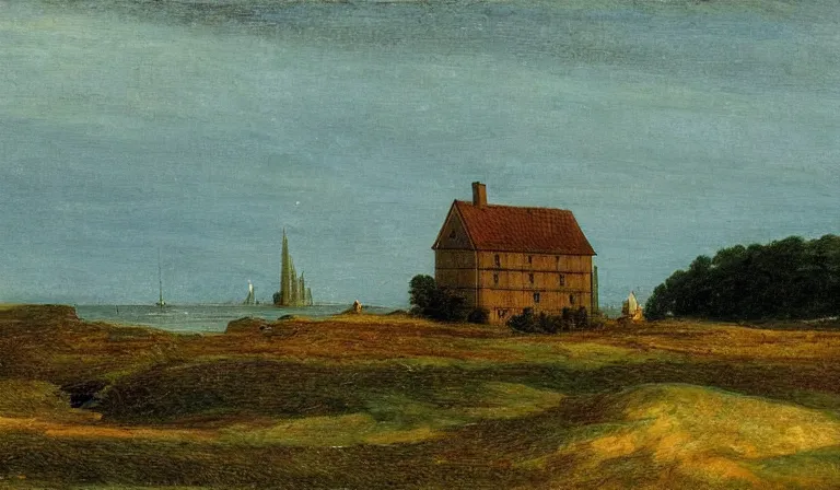 Prompt: A serene landscape with a singular building in the style of Caspar David Friedrich.