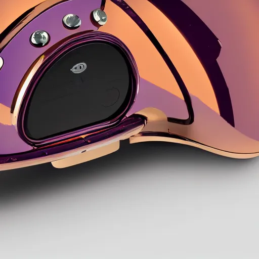 Image similar to award winning product photography, 3 5 mm lens, of a glossy orange metallic and shiny purple metallic shiny ergonomic virtual reality headset in style of a 1 9 3 6 bugatti type 5 7 sc, studio lighting,