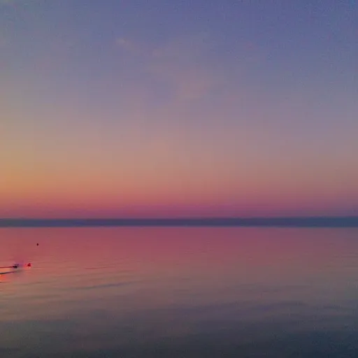 Image similar to dreamland surreal infinite rose colored sky with feathery blush colored clouds over a body of calm flat reflective pink water looking out to the horizon with no trees or land in sight