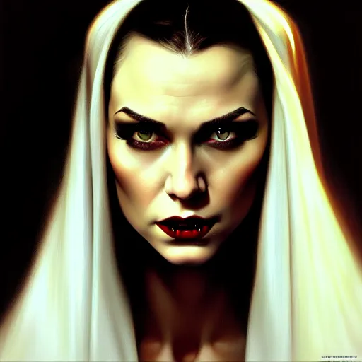 Image similar to close up face of a extremely beautiful bond female VAMPIRE portrait, Masterpiece, oil on canvas, artgerm, norman rockwell, craig mulins, trending on pxiv,