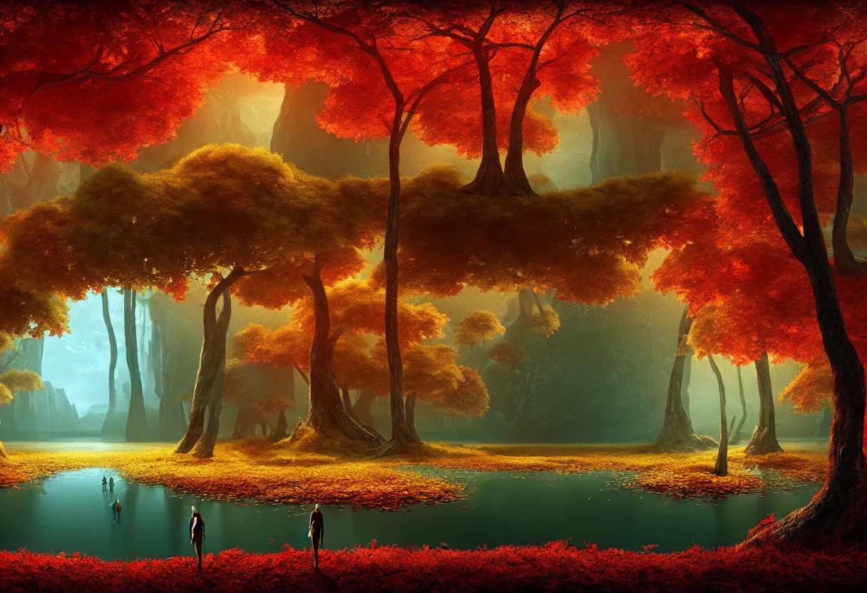 Image similar to inside of alien autumn lake landscape of human mind and imagination, matte painting, beautiful render, octane render, concept art