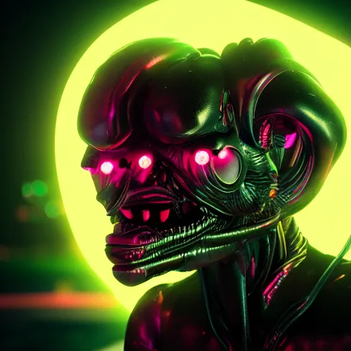 Image similar to synthwave demonic alien face with neon horns, detailed face, sharp focus, synthwave art, aesthetic, octane render, raw, cinematic