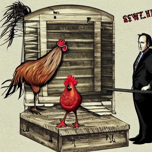 Image similar to saul goodman and a rooster in a saw movie torture chamber, horror movie background, saul goodman, rooster, photo