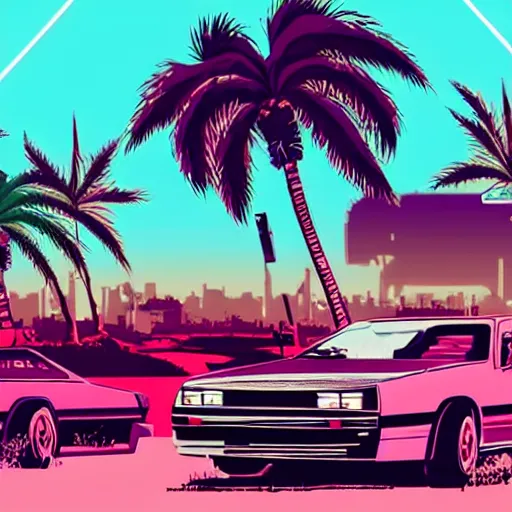 Prompt: wasteland destroyed hotline miami car wide shot epic post apocalyptic landscape miami nuke fire craters end of the world miami beach sunset vapor wave palm trees 80s synth retrowave delorean decal