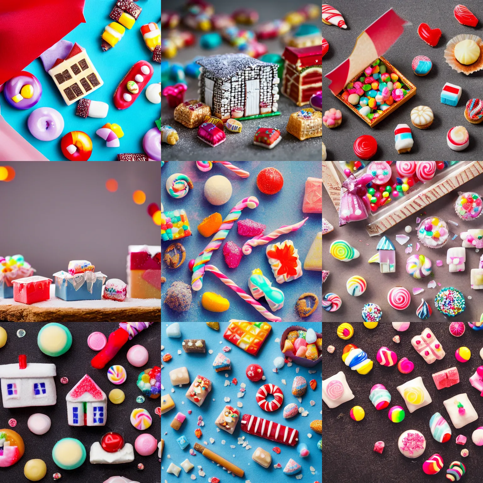 Prompt: professional studio photo of tiny village made sweets, candys and turkish delight, ultra High resolution, bokeh effect, light studio photo