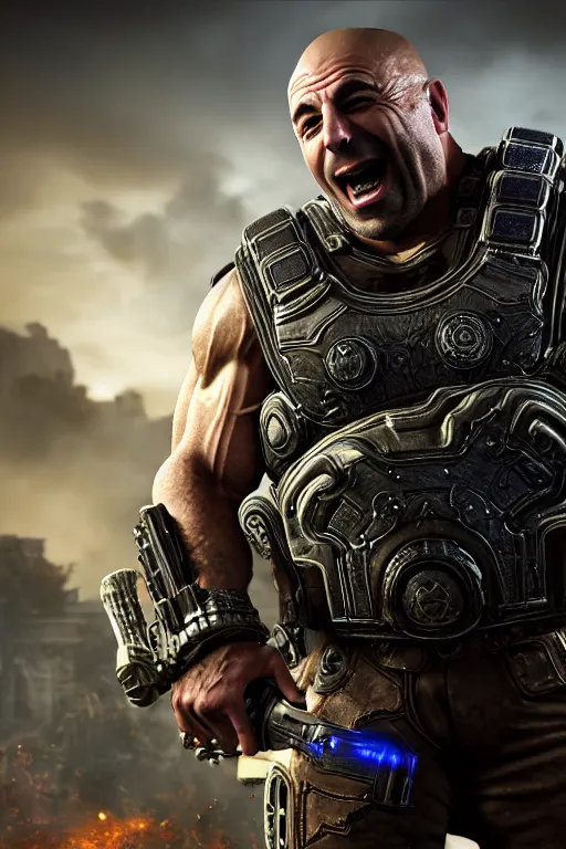 Image similar to Joe Rogan as a muscular Gears of War character laughing, photorealism, half body, HDR ambient background, unreal engine 5, hyperrealistic, highly detailed, XF IQ4, 150MP, 50mm, F1.4, ISO 200, 1/160s, cinematic lights, Adobe Lightroom, photolab, Affinity Photo, PhotoDirector 365, realistic