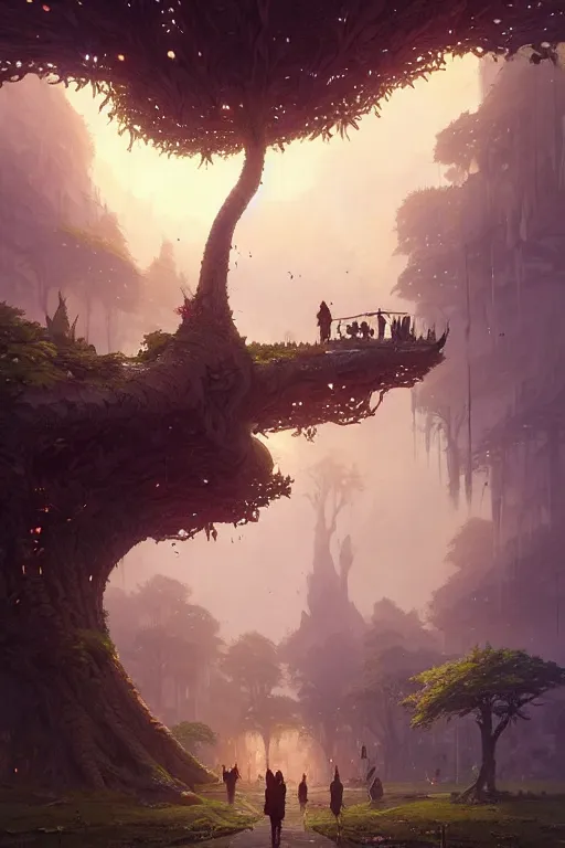 Image similar to a city built on a giant tree, unreal engine, fantasy art by greg rutkowski, loish, rhads, ferdinand knab, makoto shinkai and lois van baarle, ilya kuvshinov, rossdraws, tom bagshaw, global illumination, radiant light, detailed and intricate environment