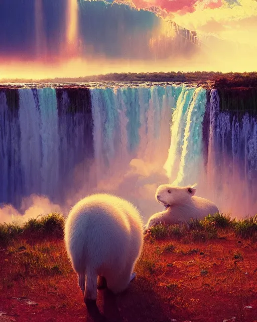 Prompt: white capybara at niagra falls, surreal photography, sunrise dramatic light, impressionist painting, colorful clouds, digital painting, artstation, kilian eng, john harris, bastien lecouffe - deharme, simon stalenhag, flower face