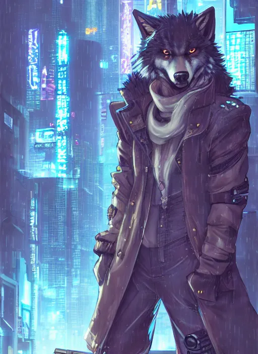 Prompt: character portrait of a male anthro wolf fursona with a tail and a cute beautiful attractive detailed furry face wearing stylish cyberpunk clothes in a cyberpunk city at night while it rains. hidari, color page, tankoban, 4K, tone mapping, Akihiko Yoshida. Nomax, Kenket, Rukis.