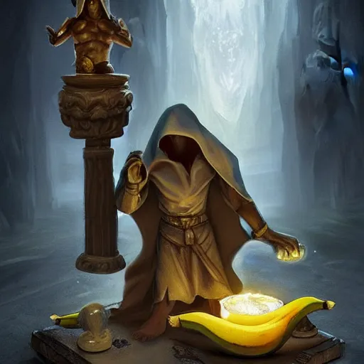 Image similar to a hooded cultist is stabbing a banana placed on an altar, in front of a stone statue of a forgotten god, by patrick mcenvoy and michael komarck and fantasy flight, incredible quality, trending on artstation