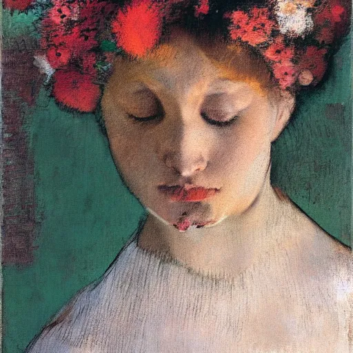 Prompt: Woman , in flowers on her face, Edgar Degas style