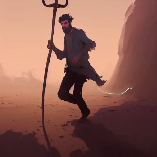 Image similar to a young man with gray hair,a stylish beard,walking through a desert with a glowing stick,digital art,art by greg rutkowski,trevor henderson,rossdraws,character design,concept art,western comic style,sharp lines,photorealiatic,hyperdetailed,detailed face,high quality,professional lighting,deviantart,artstation,professional art