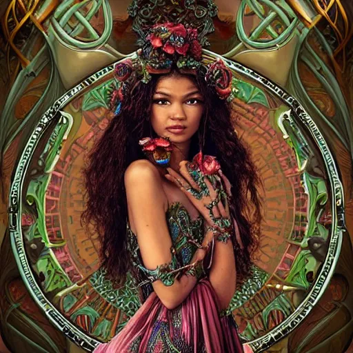 Prompt: beautiful zendaya in a cosmic dress, full-body, ornate, rococo, grotesque, zbrush art, majestic, organics, silver filigree, colorful, dark fantasy, celtic knot, anatomical, h r giger style, moebius, frank frazetta, ornate, art nouveau, symmetrical, turquoise jewelry, red smoke, roses, unbiased render, rotten, Emil melmoth, eerie, macabre, haunting + insanely detailed and intricate, floral, faded pink, hypermaximalist, elegant, vintage, hyper realistic, super detailed, pastel colors,