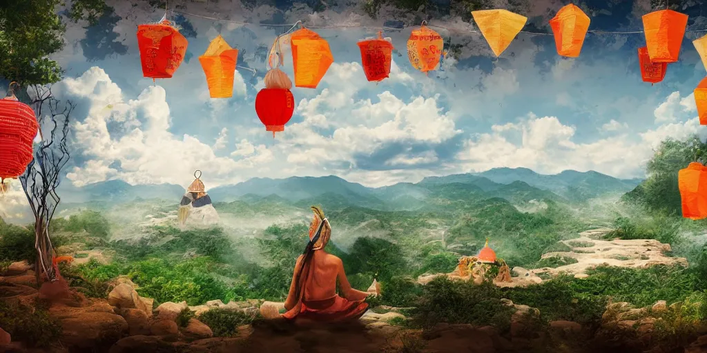 Image similar to painting of wind god enjoying the view from his stone heavenly palace, decorated with windchimes and paper lanterns, nature and clouds in background, digital art