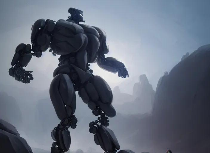 Image similar to epicly designed very muscular stone obsidian robot with human body with background by greg rutkowski, trending on artstation