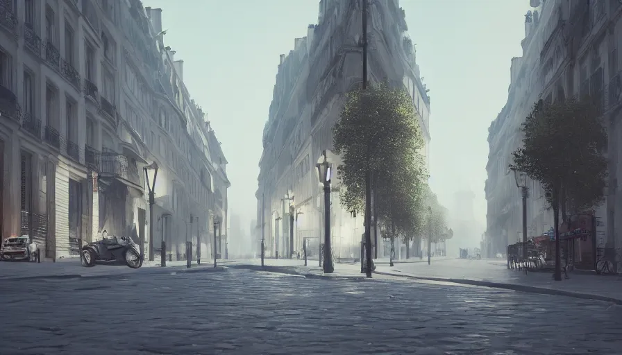 Image similar to empty paris streets, heat wave, volumetric light, abandoned, hyperdetailed, artstation, cgsociety, 8 k