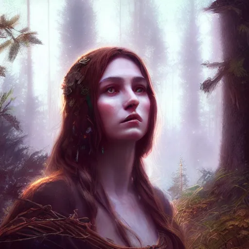 Image similar to a pretty female druid surrounded by forest animals, in the woods, hyper realistic, digital painting, photorealistic, in the style of greg rutkowski, highly detailed, cinematic