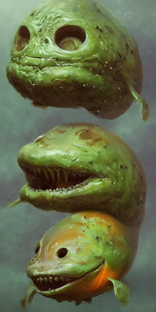 Prompt: an intricate pinhole painting of tubby goldfish with thick brown stumps a grinning skull and dribbling green slime, by Christophe Vacher and Bastien Lecouffe-Deharme, trending on artstation