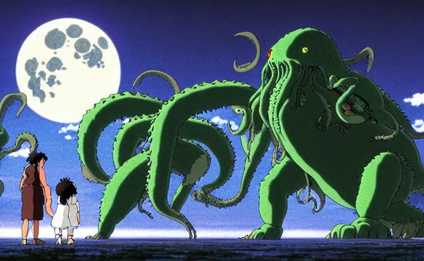 Prompt: a still from a studio ghibli movie of a cartoon cthulhu fighting godzilla from princess mononoke ( 1 9 9 7 ), in front of a pale full moon, full body, wide shot, very dull muted colors, studio ghibli, highly detailed, deviantart, art by artgem