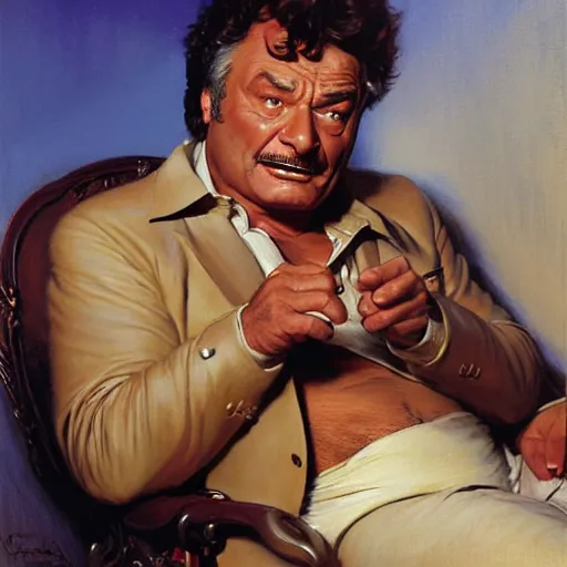 Image similar to peter falk as columbo is in his bed, nervous and terrified, because rip taylor is throwing confetti from a bucket at him. highly detailed painting by gaston bussiere, j. c. leyendecker, greg rutkowski, craig mullins 8 k