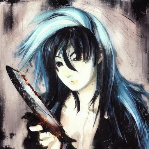 Prompt: “Oil portrait of an anime girl with white hair holding a knife in the style of Yoshitaka Amano, abstract black and white pattern on the background, 1990s vibe, expressive brush strokes, highly detailed, film grain noise effect, renaissance oil painting”