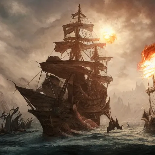 Image similar to a group of dnd adventurers aboard a galleon in the middle of a cataclysm, epic, fantasy, artstation, hd