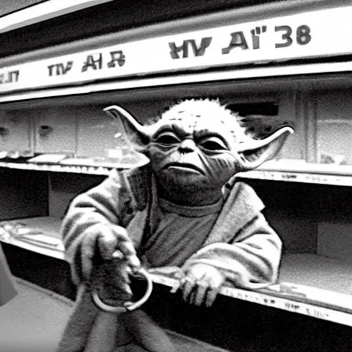 Prompt: CCTV footage of yoda robbing a supermarket