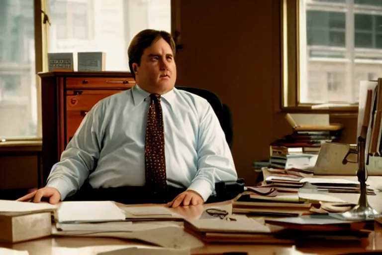 Image similar to cinematic still of portly clean-shaven white man wearing suit and necktie at his desk in his office in 1994 film, XF IQ4, f/1.4, ISO 200, 1/160s, 8K, RAW, dramatic lighting, symmetrical balance, in-frame