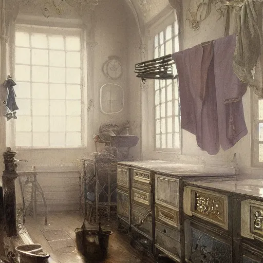 Prompt: detailed painting of a laundry room in a capsule, filigree ornaments, fog, andreas achenbach,