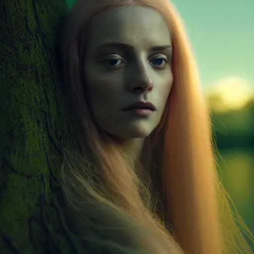 Image similar to photographic portrait of a stunningly beautiful english sorceress renaissance female in soft dreamy light at sunset, beside the river, soft focus, contemporary fashion shoot, in a denis villeneuve and tim burton movie, by edward robert hughes, annie leibovitz and steve mccurry, david lazar, jimmy nelsson, extremely detailed, breathtaking, hyperrealistic, perfect face, octane render