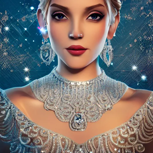 Image similar to portrait of wonderful princess of diamond with fair skin, ornate with diamonds, 8 k, gorgeous, intricate, detailed, glowing white accent lighting, dramatic lighting, octane render