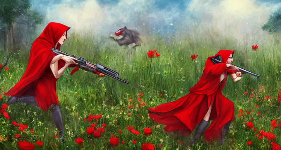 Image similar to Red Riding Hood fighting off the Big Bad Wolf with a rifle in a field of flowers, digital painting, detailed