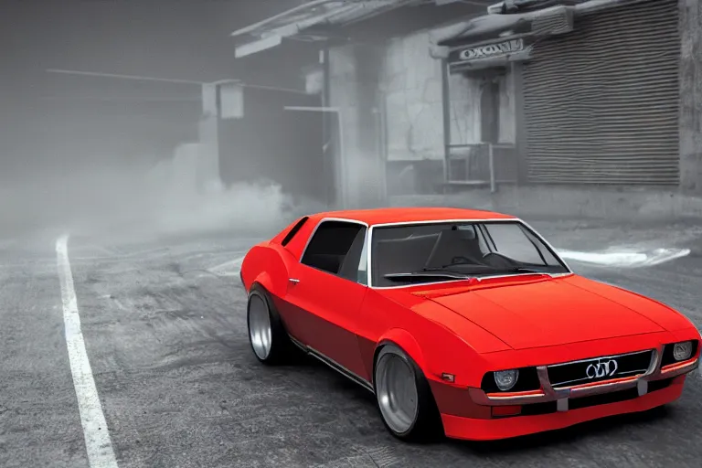 Image similar to audi camaro b 1 ( 1 9 6 9 ) drifting, need for speed : carbon, neon lines, ultra phonk, phonk music background, smoke behind wheels, noise, dark, establishing shot