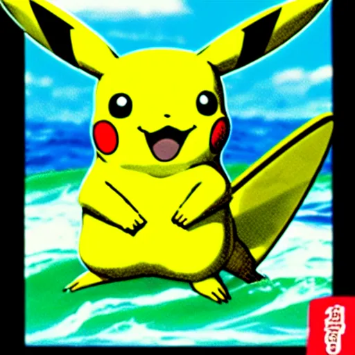 Image similar to pikachu surfing on a wave made of green slime, pokemon tcg image, trending on artstation