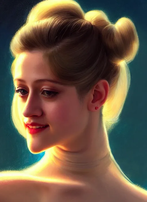 Image similar to portrait of lili reinhart with fluffy bangs, smiling kindly, bangs, 1 9 6 0 s, ponytail, curly bangs and ponytail, intricate, elegant, glowing lights, highly detailed, digital painting, artstation, concept art, smooth, sharp focus, illustration, art by wlop, mars ravelo and greg rutkowski