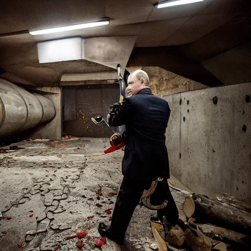 Image similar to putin with a chainsaw. in a concrete bunker with a pile of corpses. focus on putins face with blood splatters. canon eos r 3, f / 1. 4, iso 1 6 0 0, 1 / 8 0 s, 8 k, raw, grainy