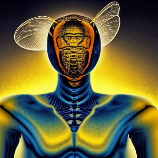 Image similar to human man that resembles a wasp morh in surreal sketch style, blue and yellow gradient, noise, ultrafine detail, hd 8k, logo illustration