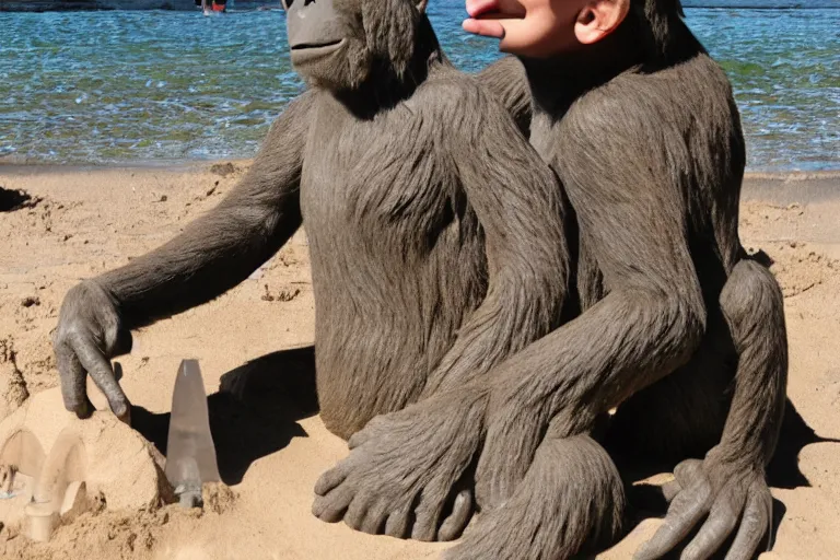 Image similar to a monkey touching a completed sand castle